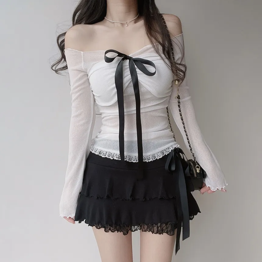 リボンメロウレースシアーオフショルTシャツ | mirangmirang | 詳細画像3