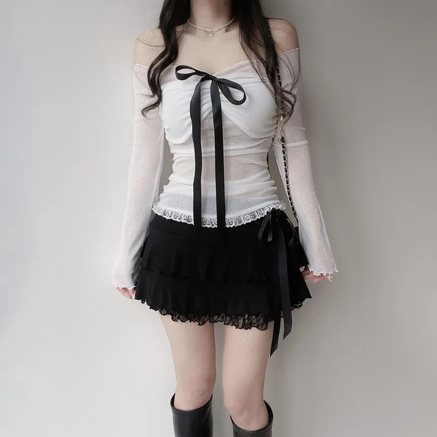 リボンメロウレースティアードミニスカート | mirangmirang | 詳細画像6