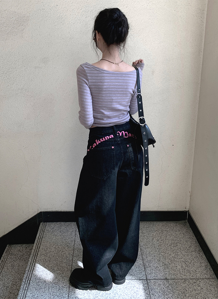 ローズパッチピンク刺繍ワイドデニムパンツ | レディースファッション