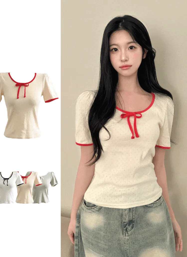 配色リボンネックパンチング半袖Tシャツ | creamsugar | 詳細画像1