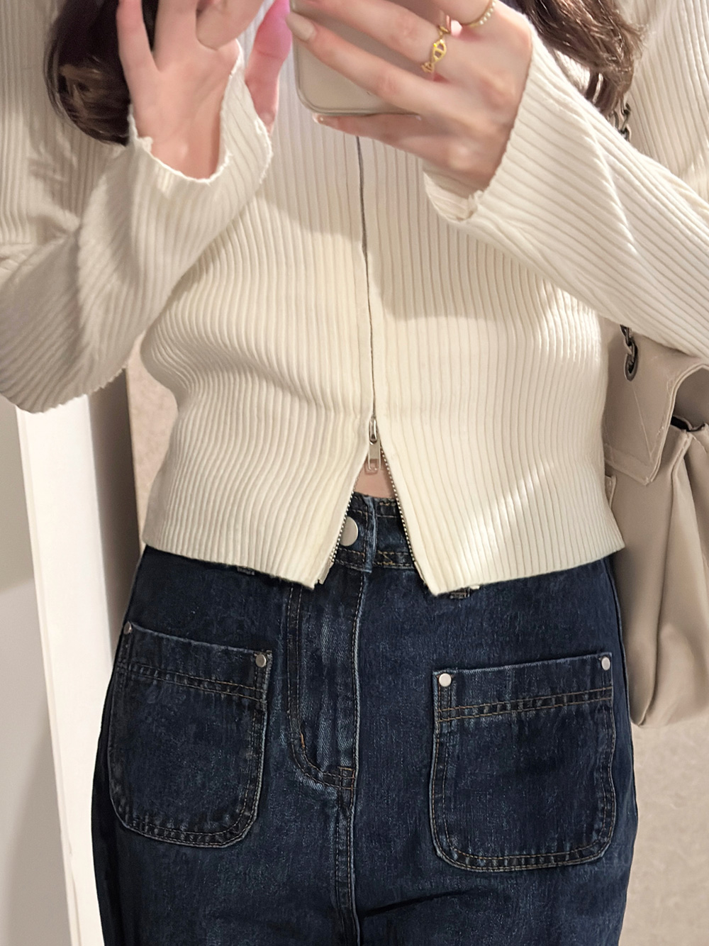 ウール混ビッグカラーダブルジップリブカーディガン | 詳細画像5