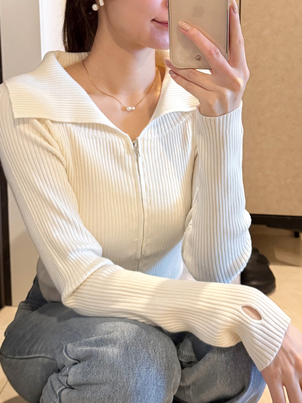 ウール混ビッグカラーダブルジップリブカーディガン | 詳細画像10