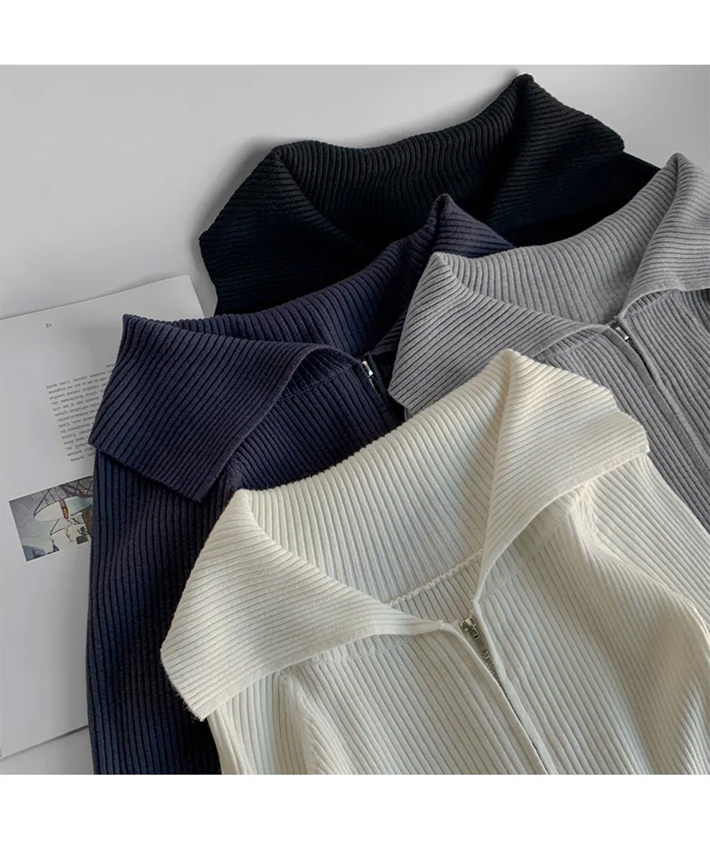 ウール混ビッグカラーダブルジップリブカーディガン | 詳細画像13