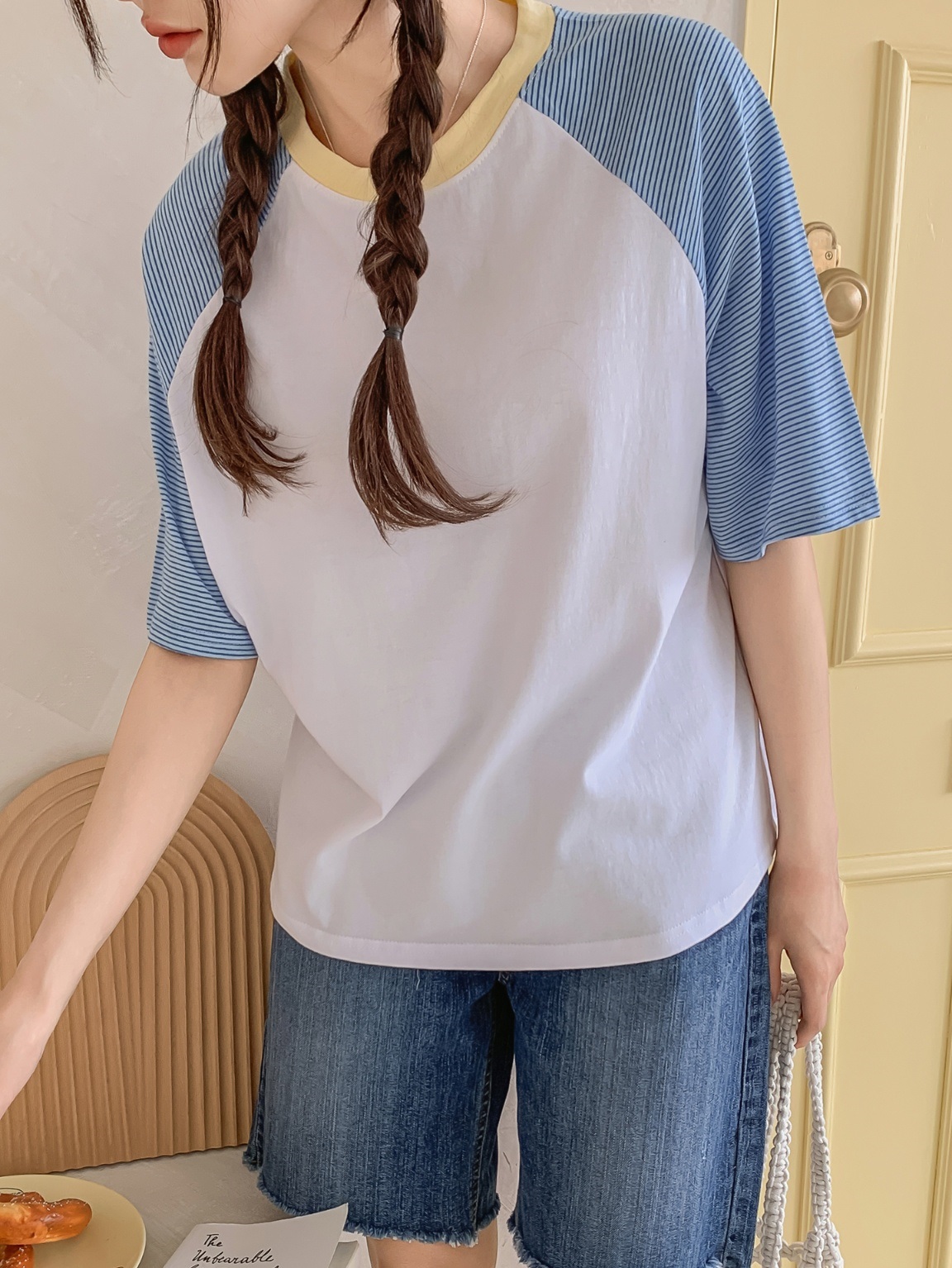 配色ラウンドボーダーラグラン半袖Tシャツ | 詳細画像3