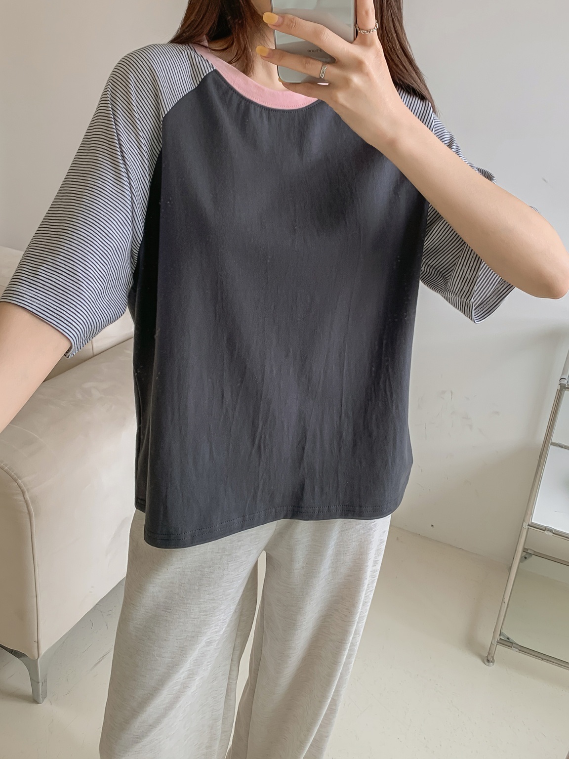 配色ラウンドボーダーラグラン半袖Tシャツ | 詳細画像12