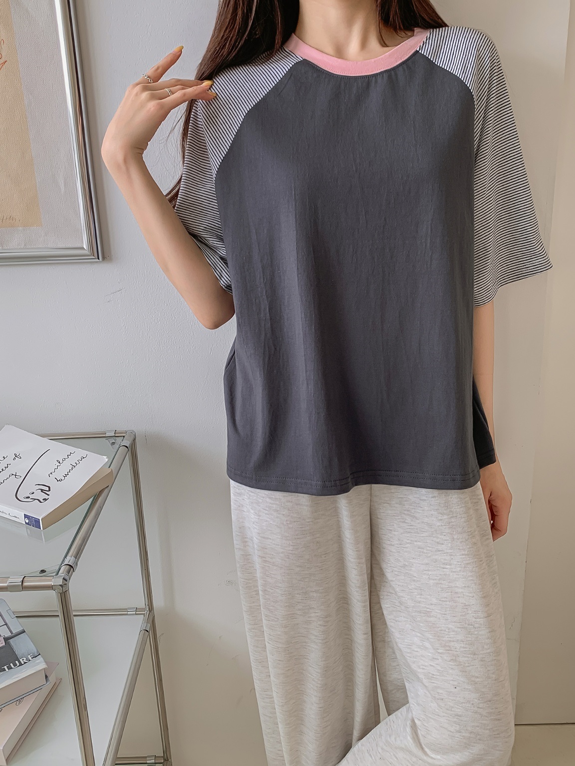 配色ラウンドボーダーラグラン半袖Tシャツ | 詳細画像13