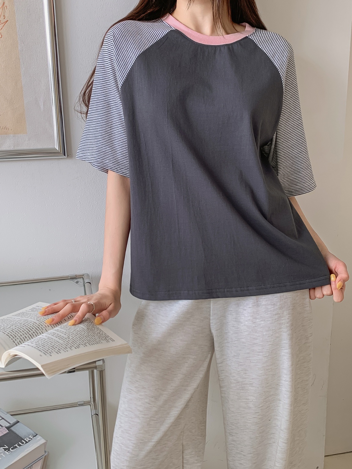配色ラウンドボーダーラグラン半袖Tシャツ | 詳細画像15