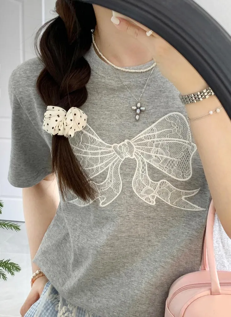 レースリボン刺繍半袖Tシャツ | 詳細画像1