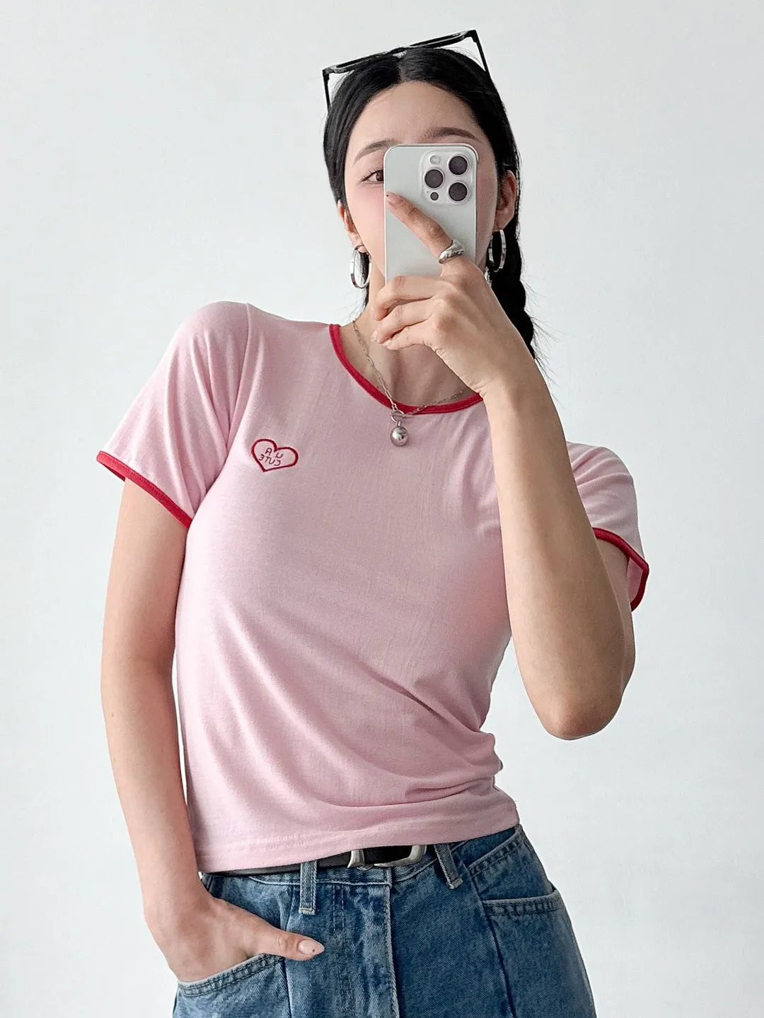 CUTEハート配色刺繍半袖Tシャツ | 詳細画像1