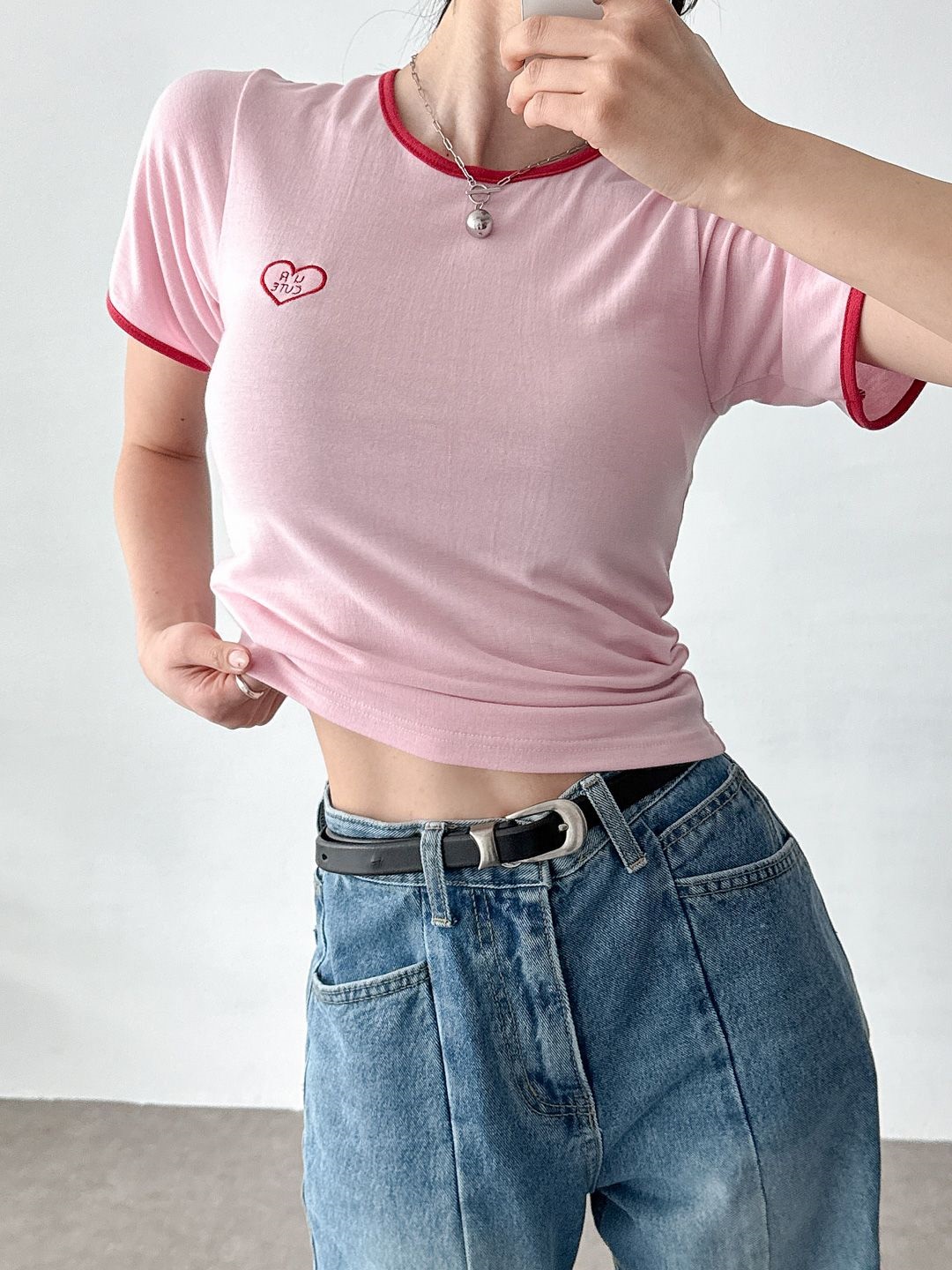 CUTEハート配色刺繍半袖Tシャツ | 詳細画像2
