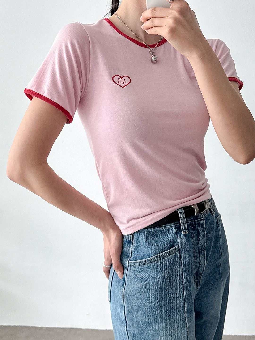 CUTEハート配色刺繍半袖Tシャツ | 詳細画像4