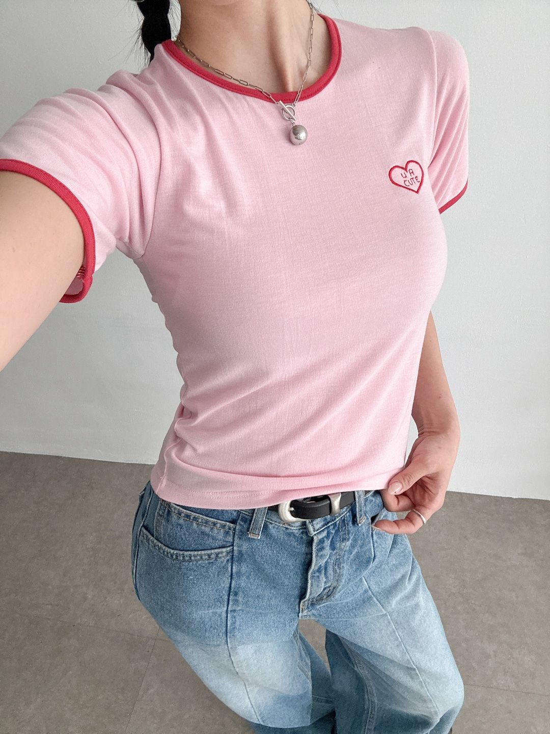 CUTEハート配色刺繍半袖Tシャツ | 詳細画像6