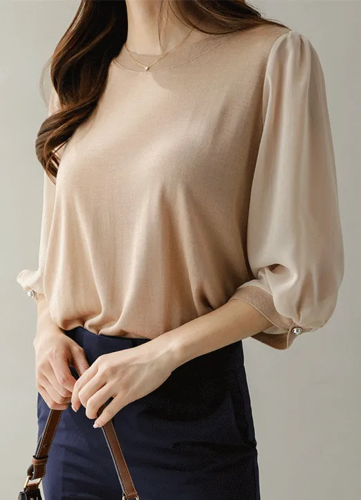 シフォン7分袖ラウンドネックニット | styleonme | 詳細画像1