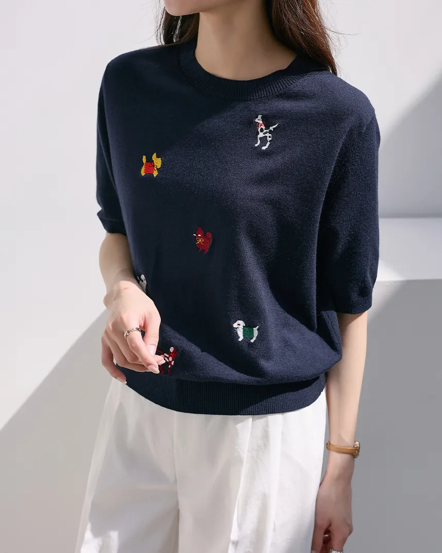 マルチドッグ刺繍パターン半袖ニット | MONO AT.D | 詳細画像1