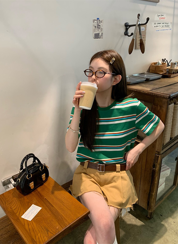 グリーンマルチボーダー半袖Tシャツ | レディースファッション通販