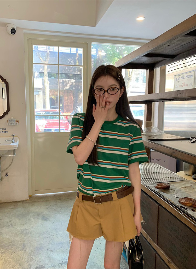 グリーンマルチボーダー半袖Tシャツ | レディースファッション通販