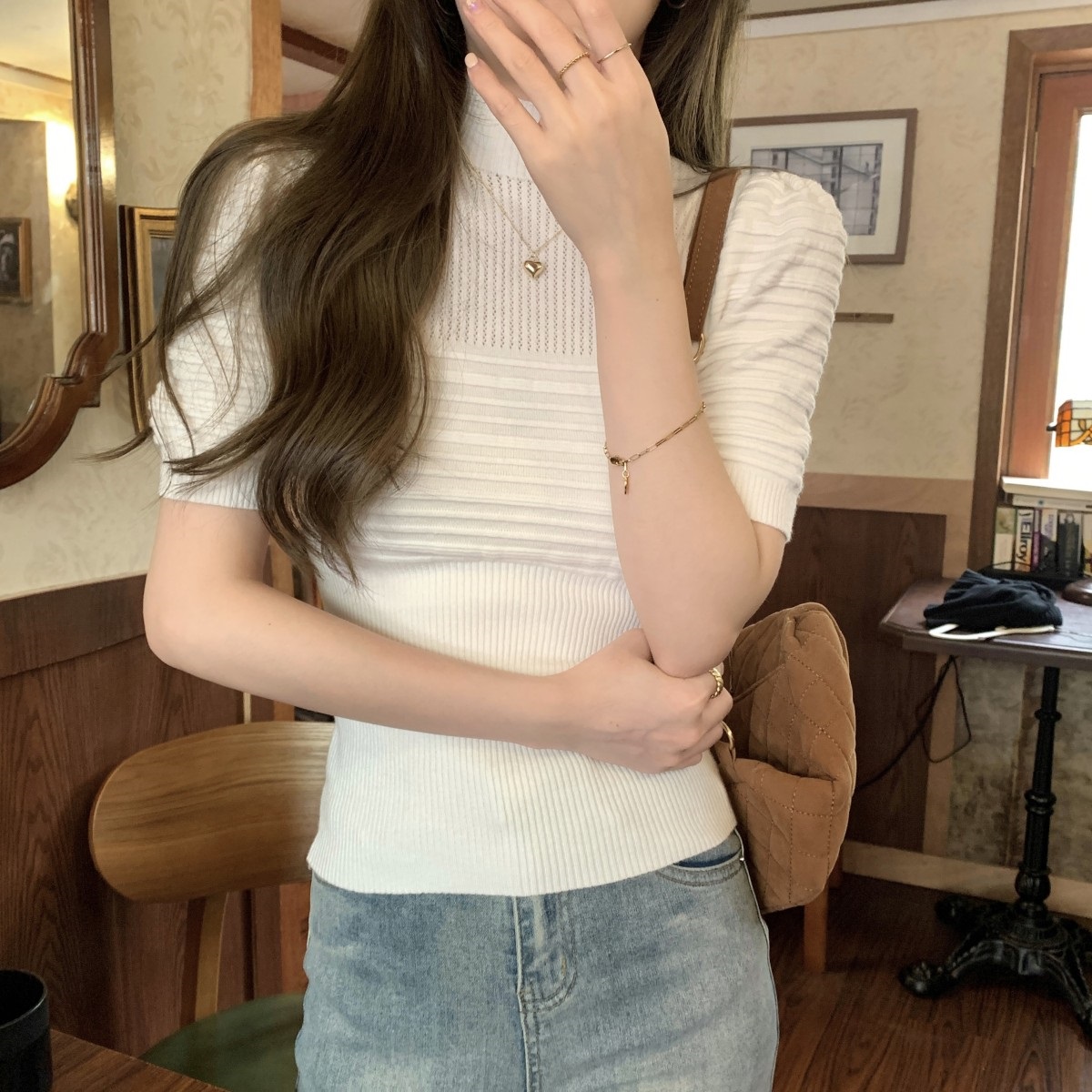 ハーフネックパンチングリブパフ半袖ニット | 詳細画像8