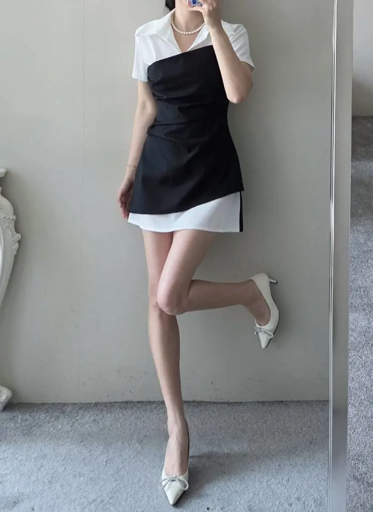 アンバランスドッキング半袖シャツワンピース | ELINMOOD | 詳細画像1