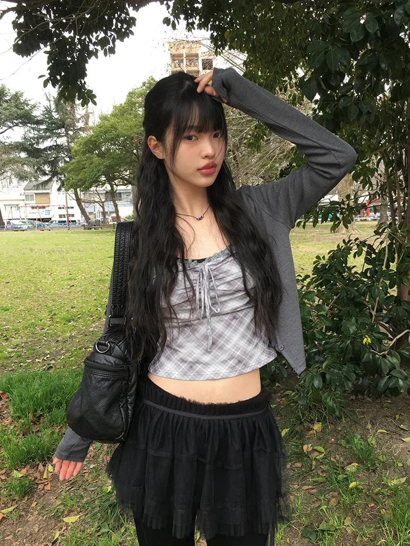 チェックレースリボンキャミ&スリムカーディガンSET | anyonemore | 詳細画像1