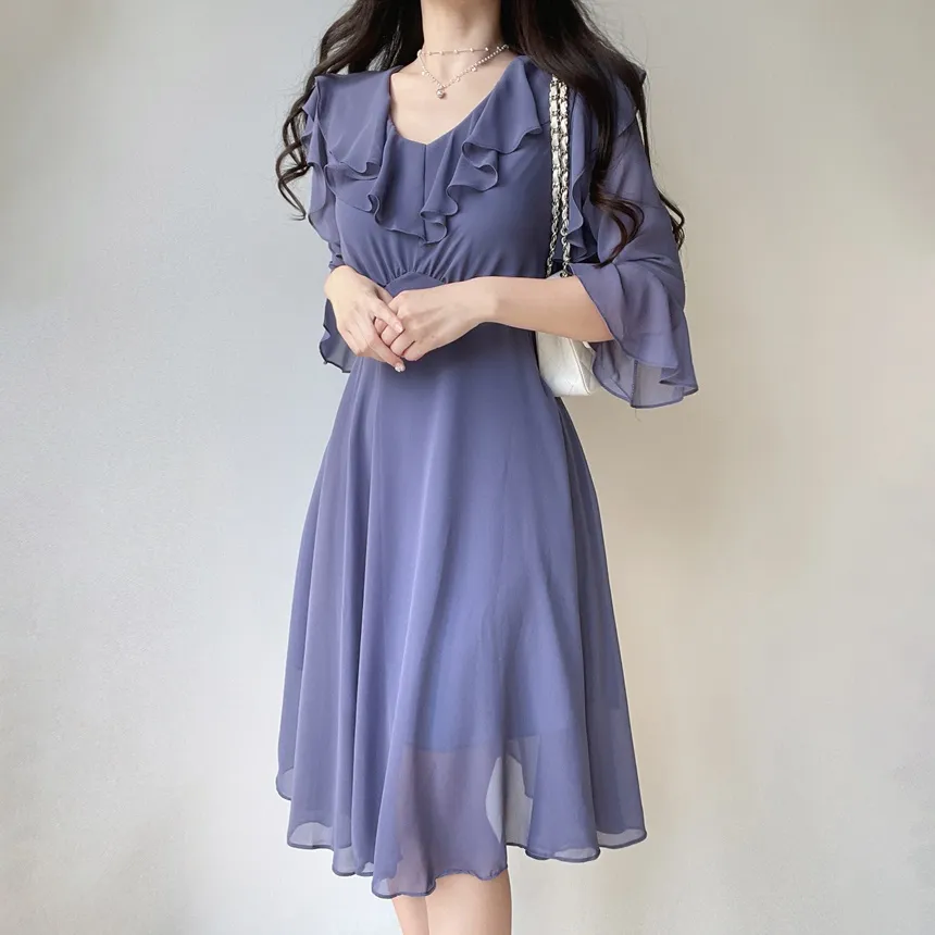 ラッフルVネック7分袖シフォンワンピース | mirangmirang | 詳細画像9