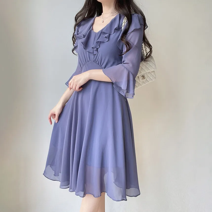 ラッフルVネック7分袖シフォンワンピース | mirangmirang | 詳細画像12
