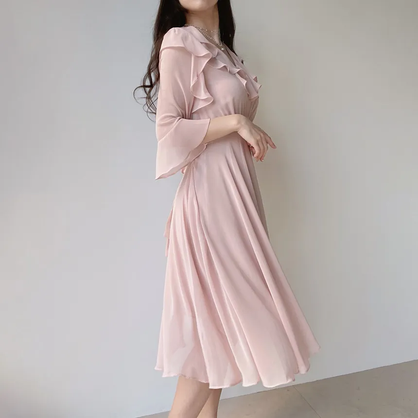 ラッフルVネック7分袖シフォンワンピース | mirangmirang | 詳細画像15