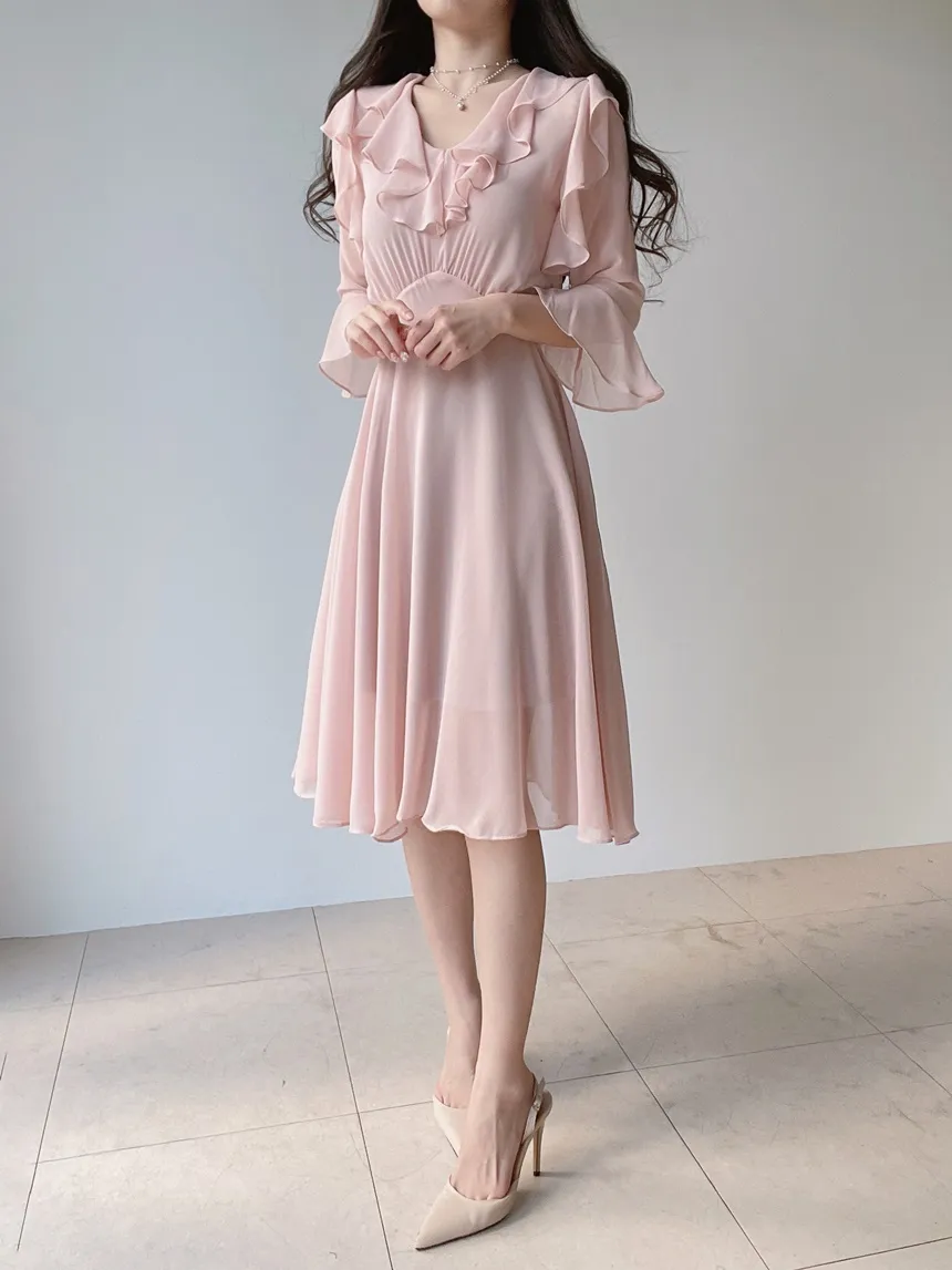 ラッフルVネック7分袖シフォンワンピース | mirangmirang | 詳細画像20