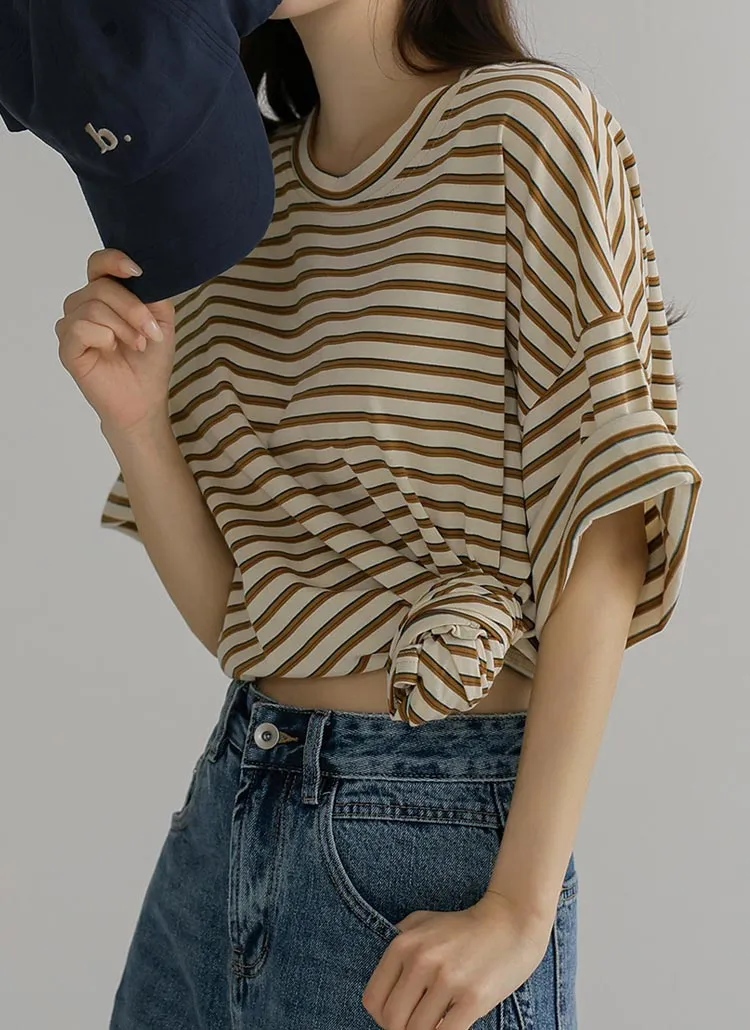 コットンラウンドネックオーバーサイズ半袖ボーダーTシャツ | chicfox | 詳細画像1