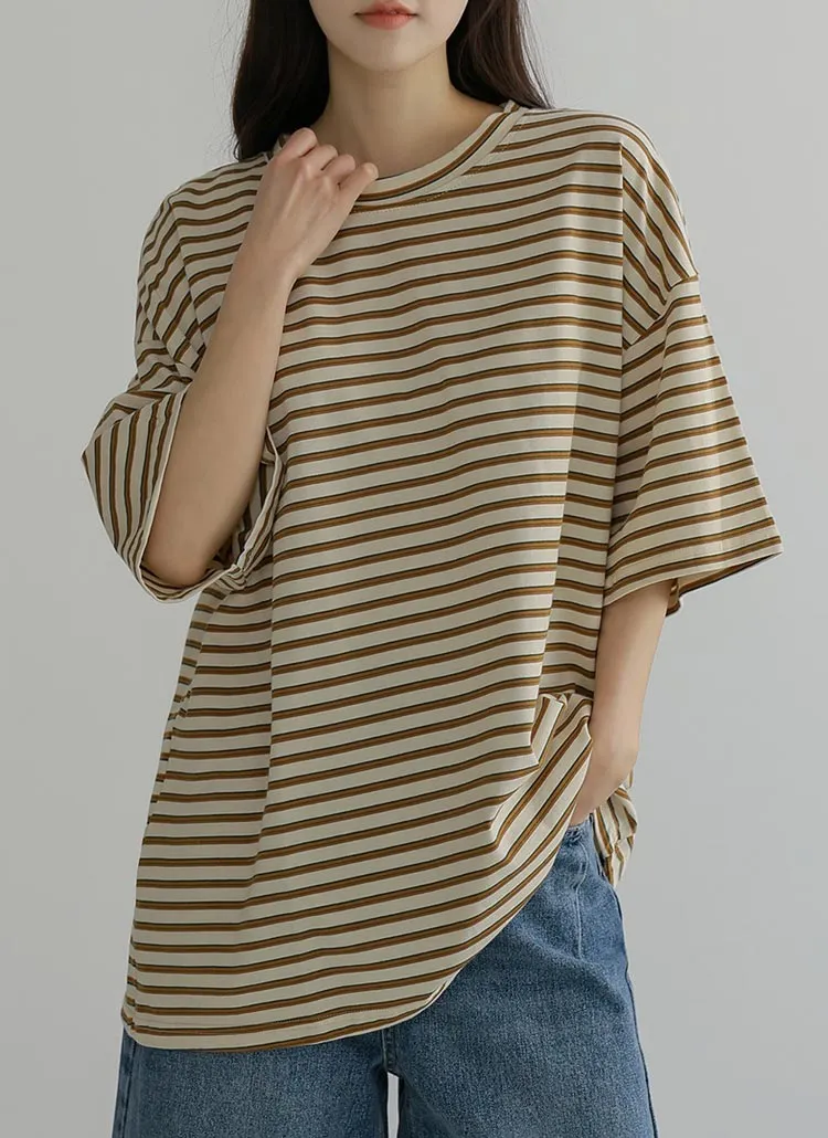 コットンラウンドネックオーバーサイズ半袖ボーダーTシャツ | chicfox | 詳細画像3
