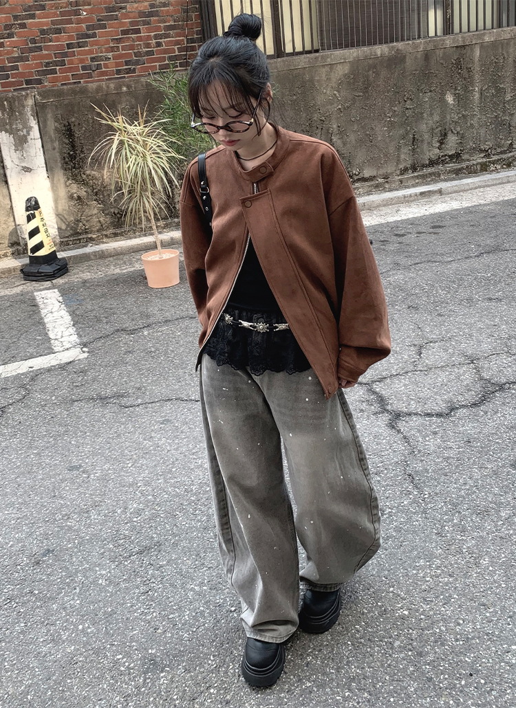 ホワイトペイントグレーワイドデニムパンツ | レディースファッション