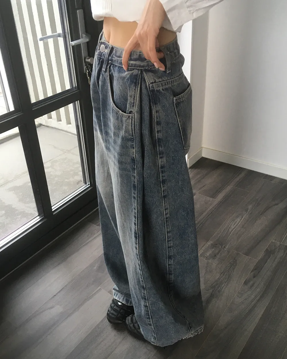 3TYPEスナップボタンヘムサイドタックビンテージデニムパンツ | WONDERWONDER | 詳細画像1