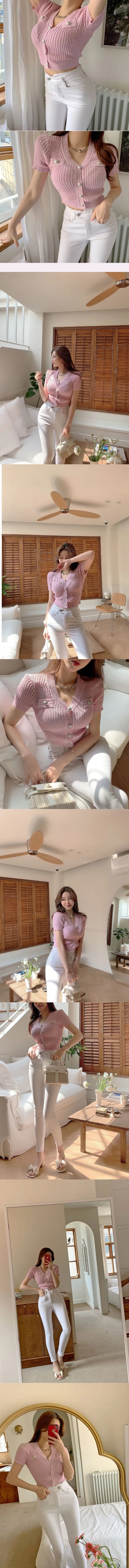 ボタンVネッククロップド半袖カーディガン | 詳細画像2