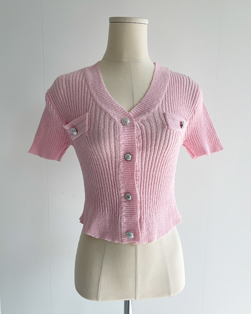 ボタンVネッククロップド半袖カーディガン | 詳細画像4