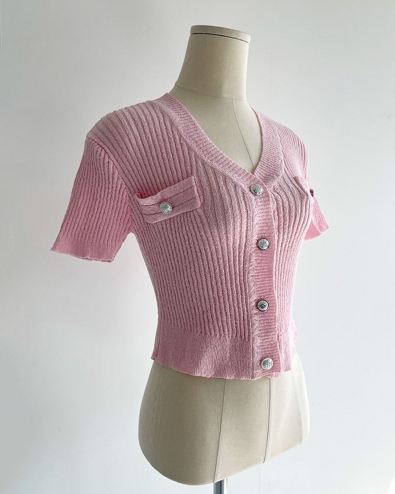 ボタンVネッククロップド半袖カーディガン | 詳細画像5