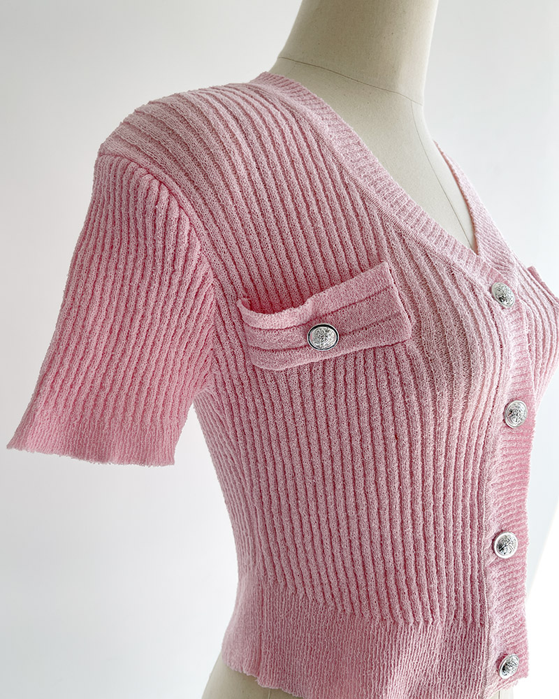 ボタンVネッククロップド半袖カーディガン | 詳細画像6