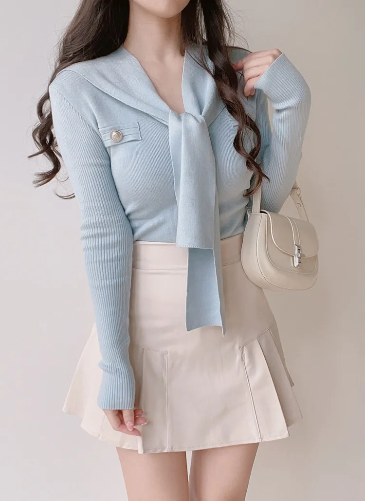 アンティークドール 水色ニット服(交渉中) セーラーカラーショール付サイドシャーリングVネックニット