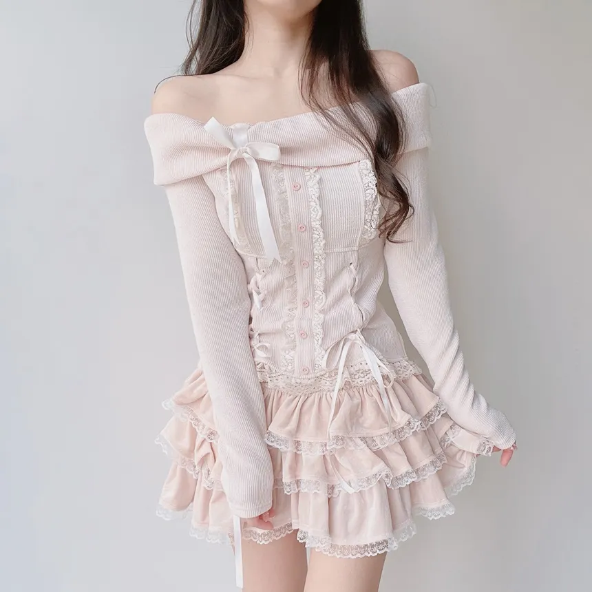 リボンレースオフショルTシャツ&フリルリボンレースミニスカートSET | mirangmirang | 詳細画像1