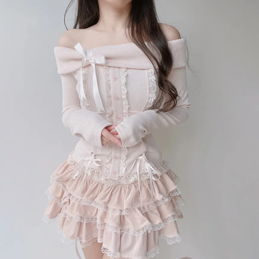 リボンレースオフショルTシャツ&フリルリボンレースミニスカートSET | mirangmirang | 詳細画像8