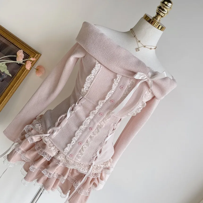 リボンレースオフショルTシャツ&フリルリボンレースミニスカートSET | mirangmirang | 詳細画像24
