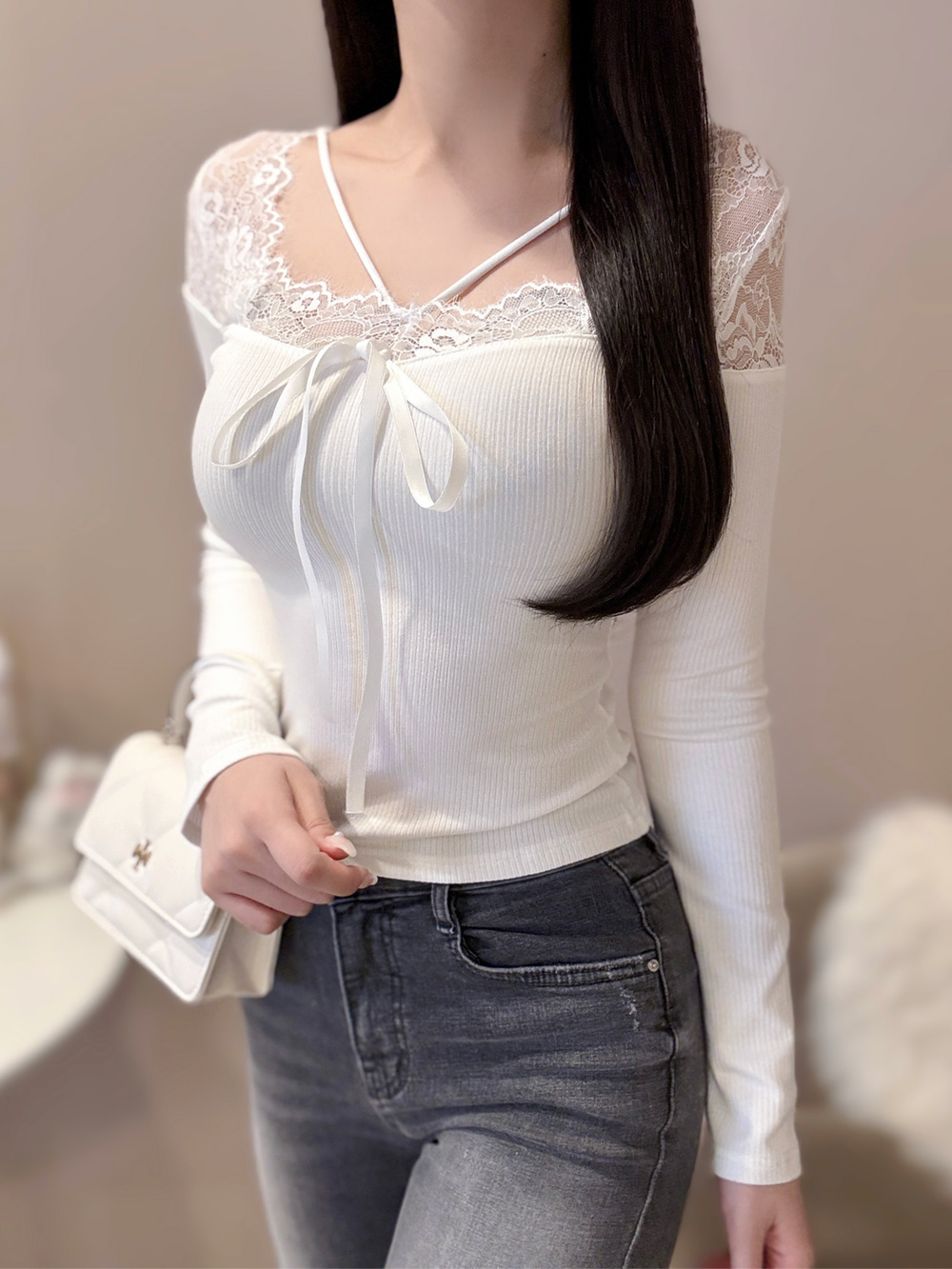 VストラップレースリボンリブTシャツ | 詳細画像6