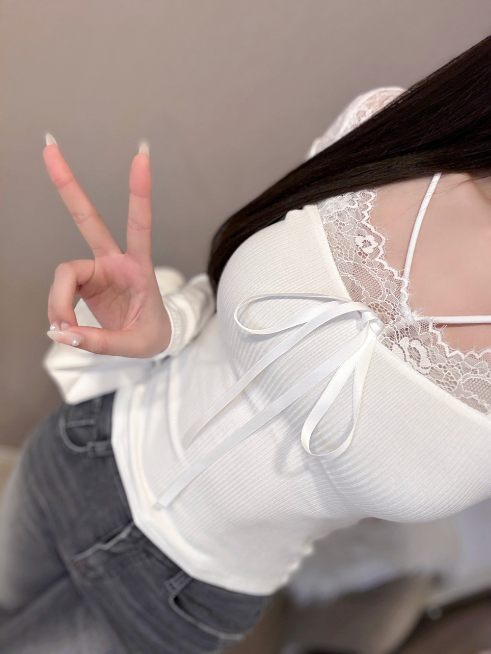 VストラップレースリボンリブTシャツ | 詳細画像10