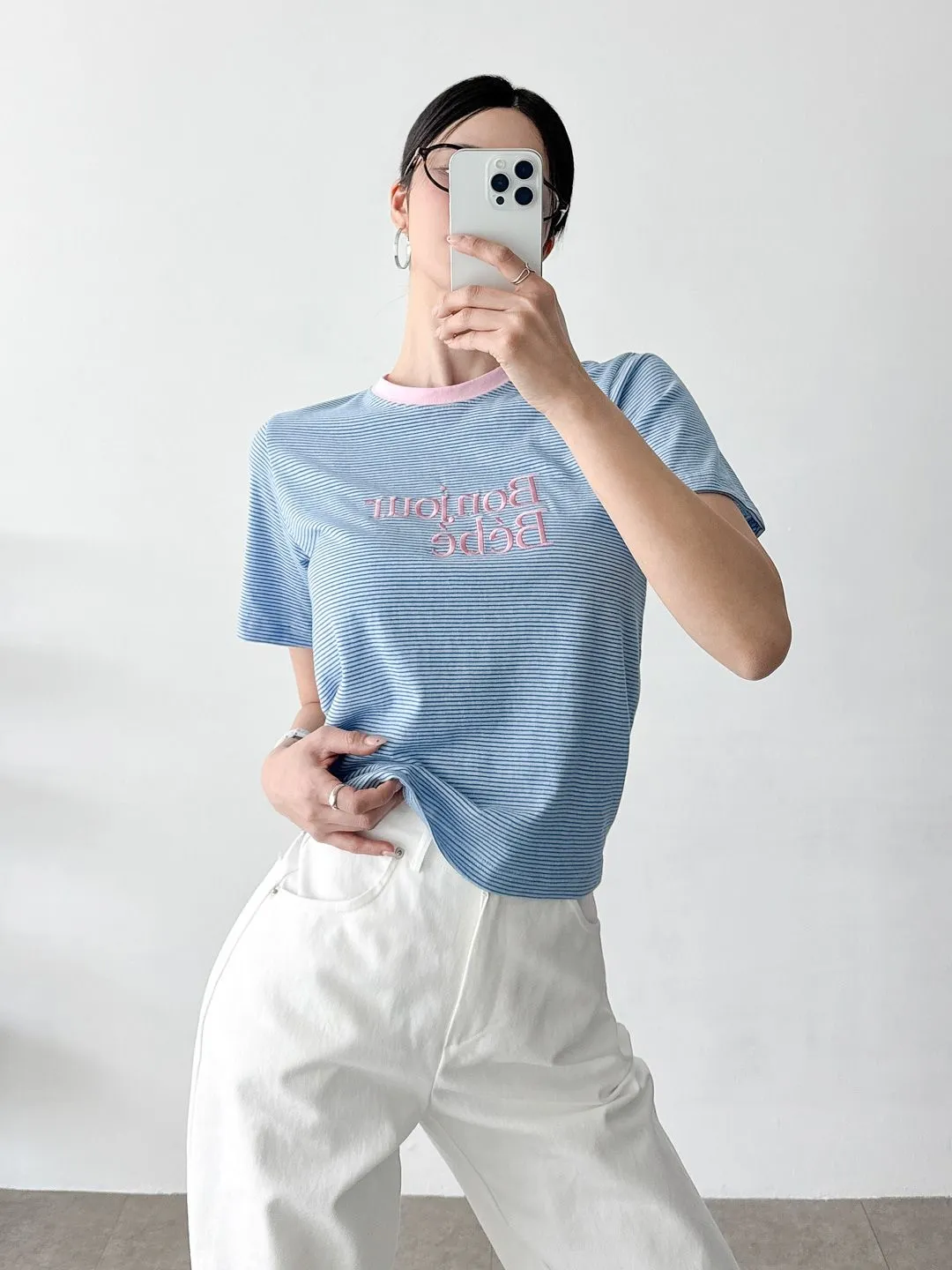 Bonjour配色刺繍ボーダー半袖Tシャツ | 詳細画像1
