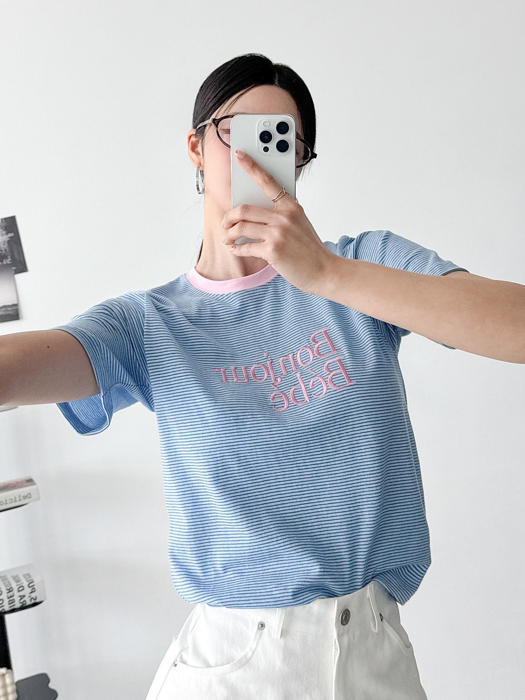 Bonjour配色刺繍ボーダー半袖Tシャツ | 詳細画像2
