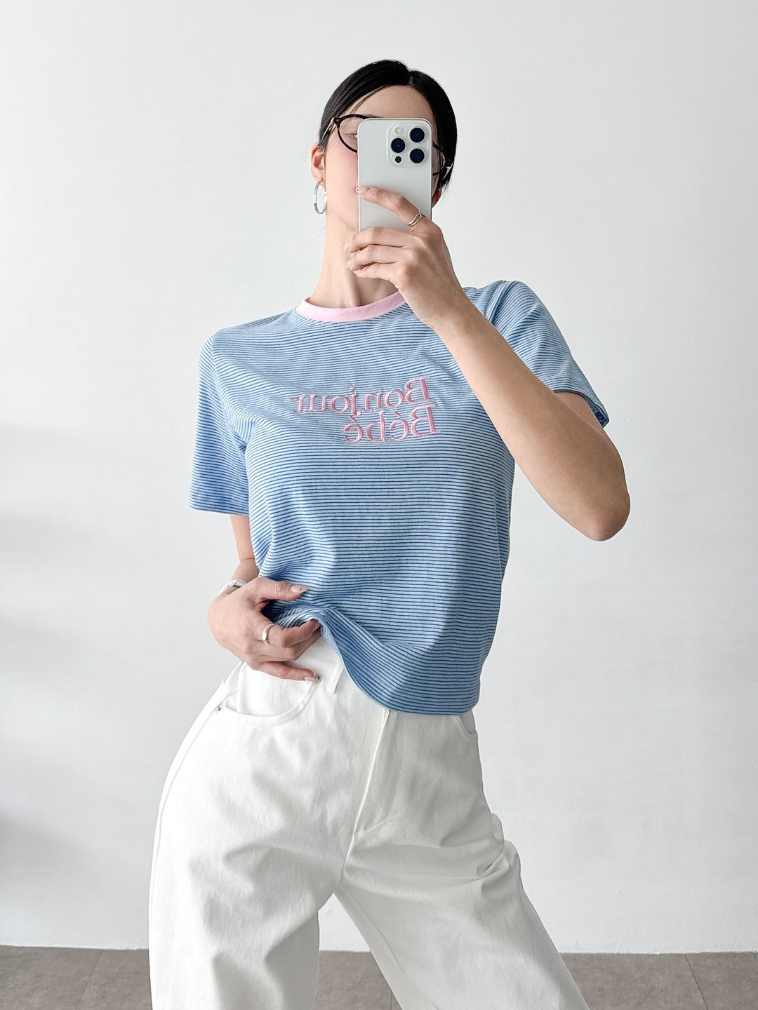 Bonjour配色刺繍ボーダー半袖Tシャツ | 詳細画像3