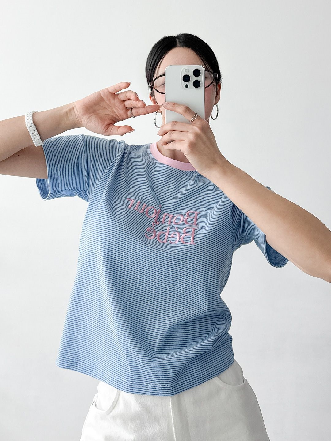 Bonjour配色刺繍ボーダー半袖Tシャツ | 詳細画像4
