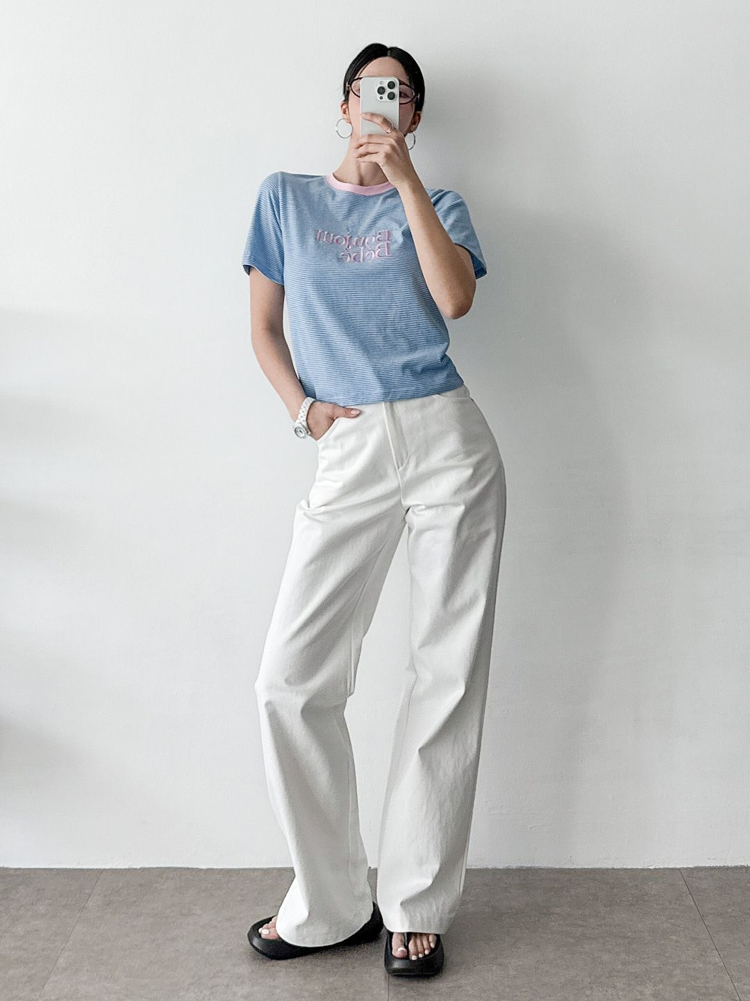 Bonjour配色刺繍ボーダー半袖Tシャツ | 詳細画像5