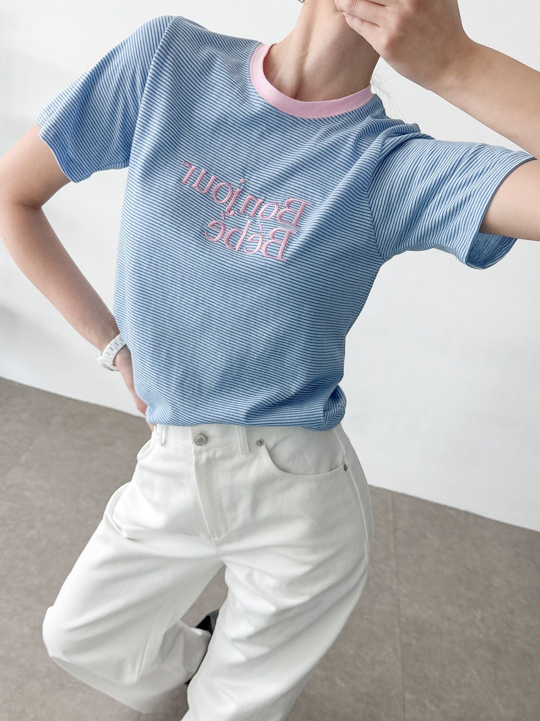 Bonjour配色刺繍ボーダー半袖Tシャツ | 詳細画像7