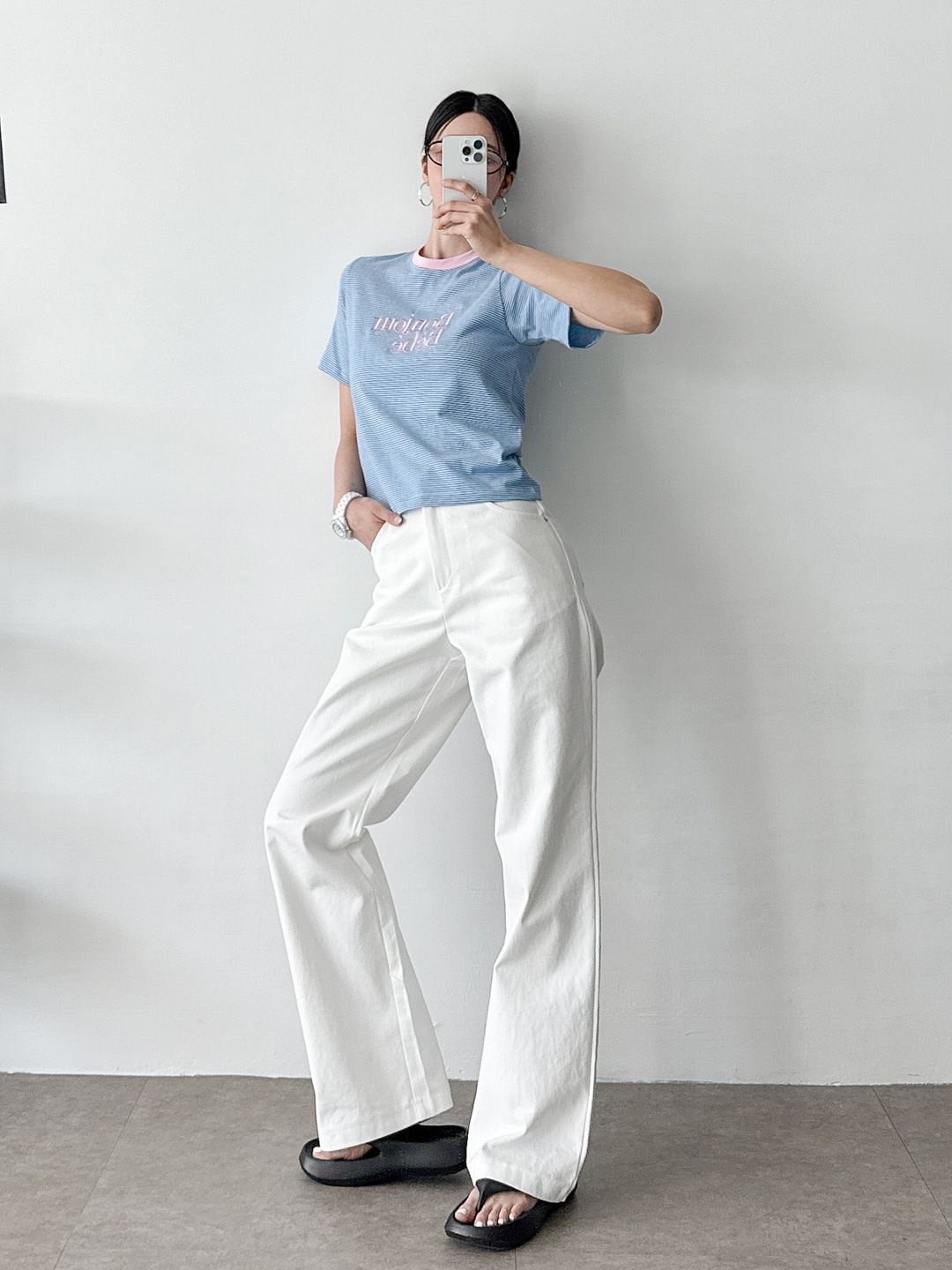 Bonjour配色刺繍ボーダー半袖Tシャツ | 詳細画像8