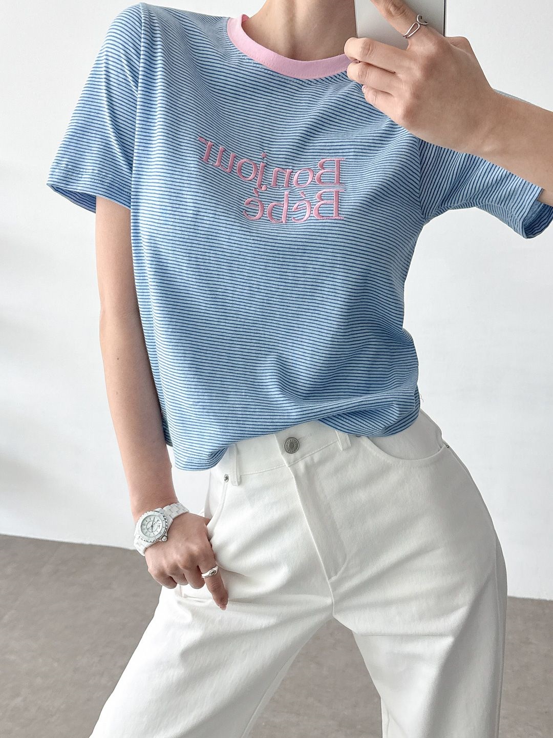 Bonjour配色刺繍ボーダー半袖Tシャツ | 詳細画像9