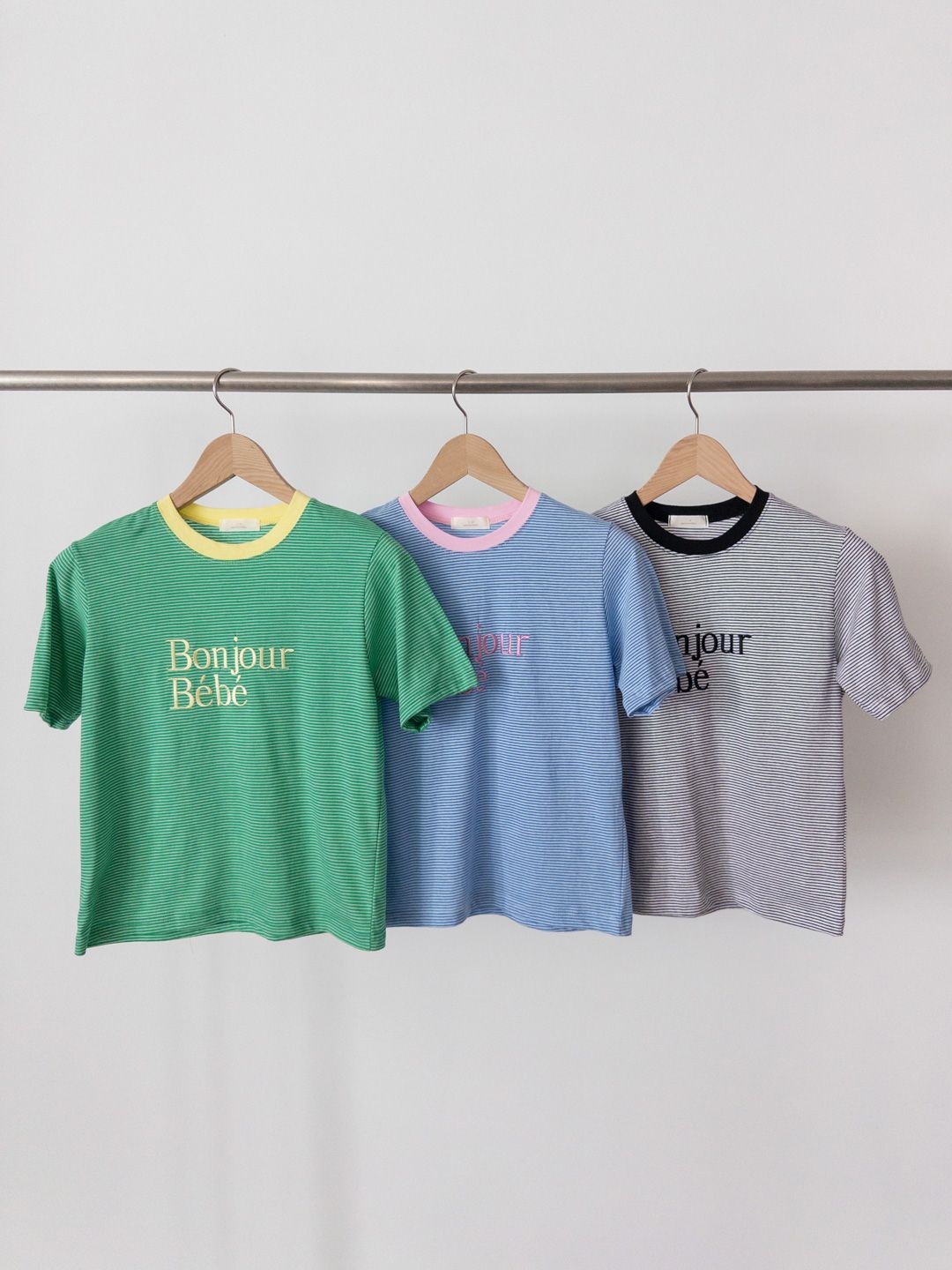 Bonjour配色刺繍ボーダー半袖Tシャツ | 詳細画像11